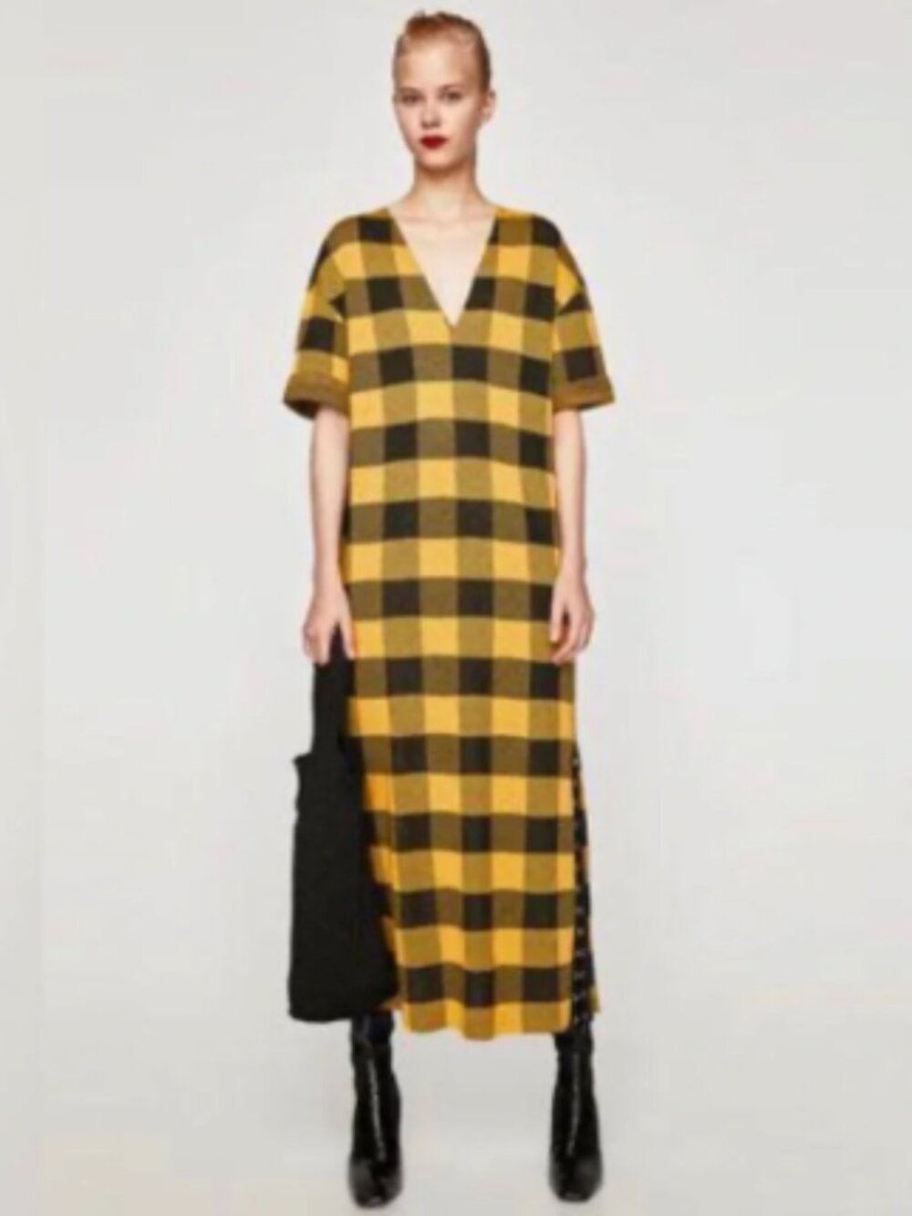 Rare Find NWT Zara Trafaluc Preppy Grunge Yellow and Black Plaid Midi Maxi Dress
